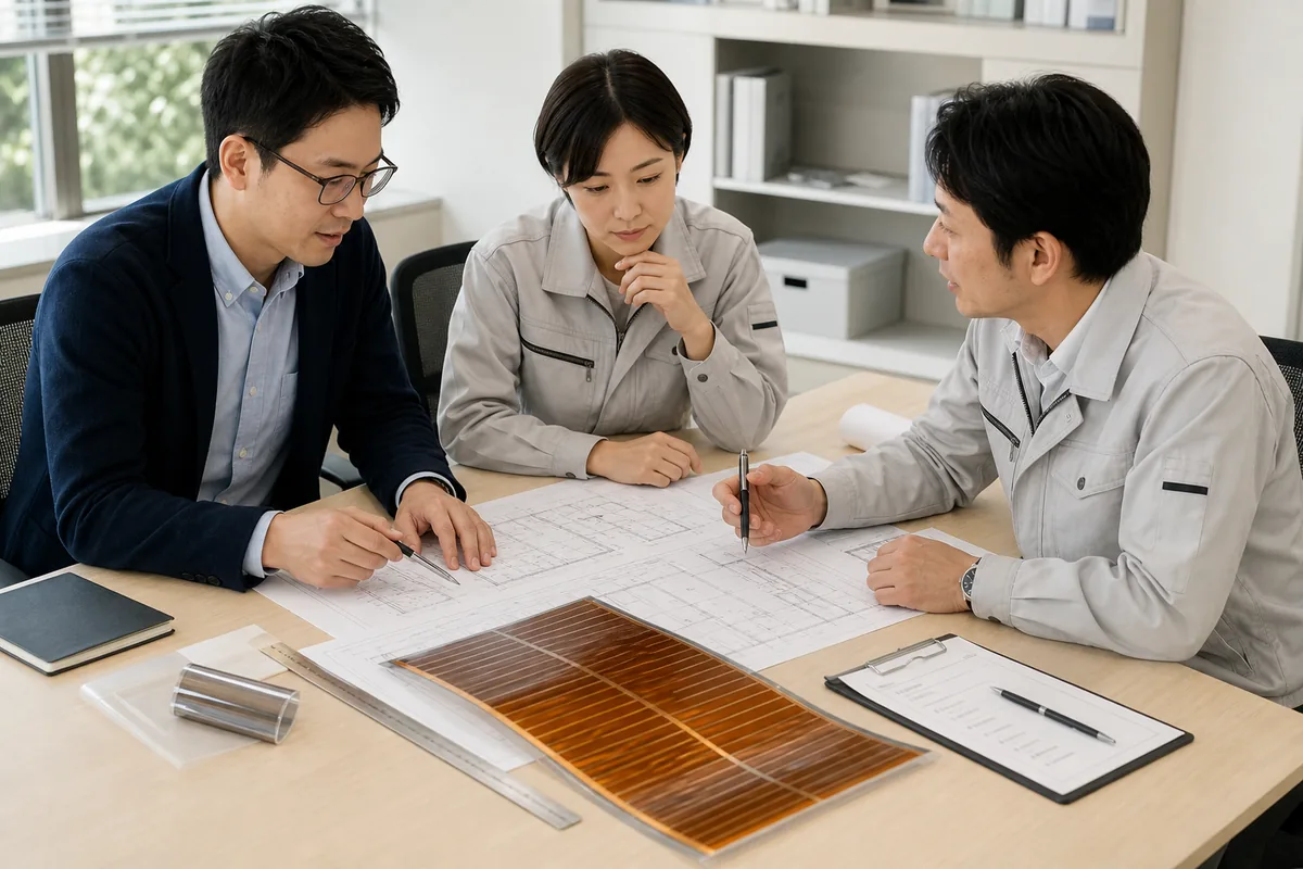 技術者が図面とモジュールサンプルを用いて要件を整理する様子